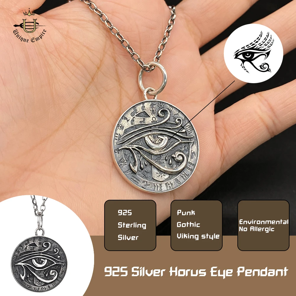 

Подвеска из стерлингового серебра 925 пробы с нолью для мужчин, ретро египетский тотем, глаз Гора, круглое ожерелье, ювелирные изделия