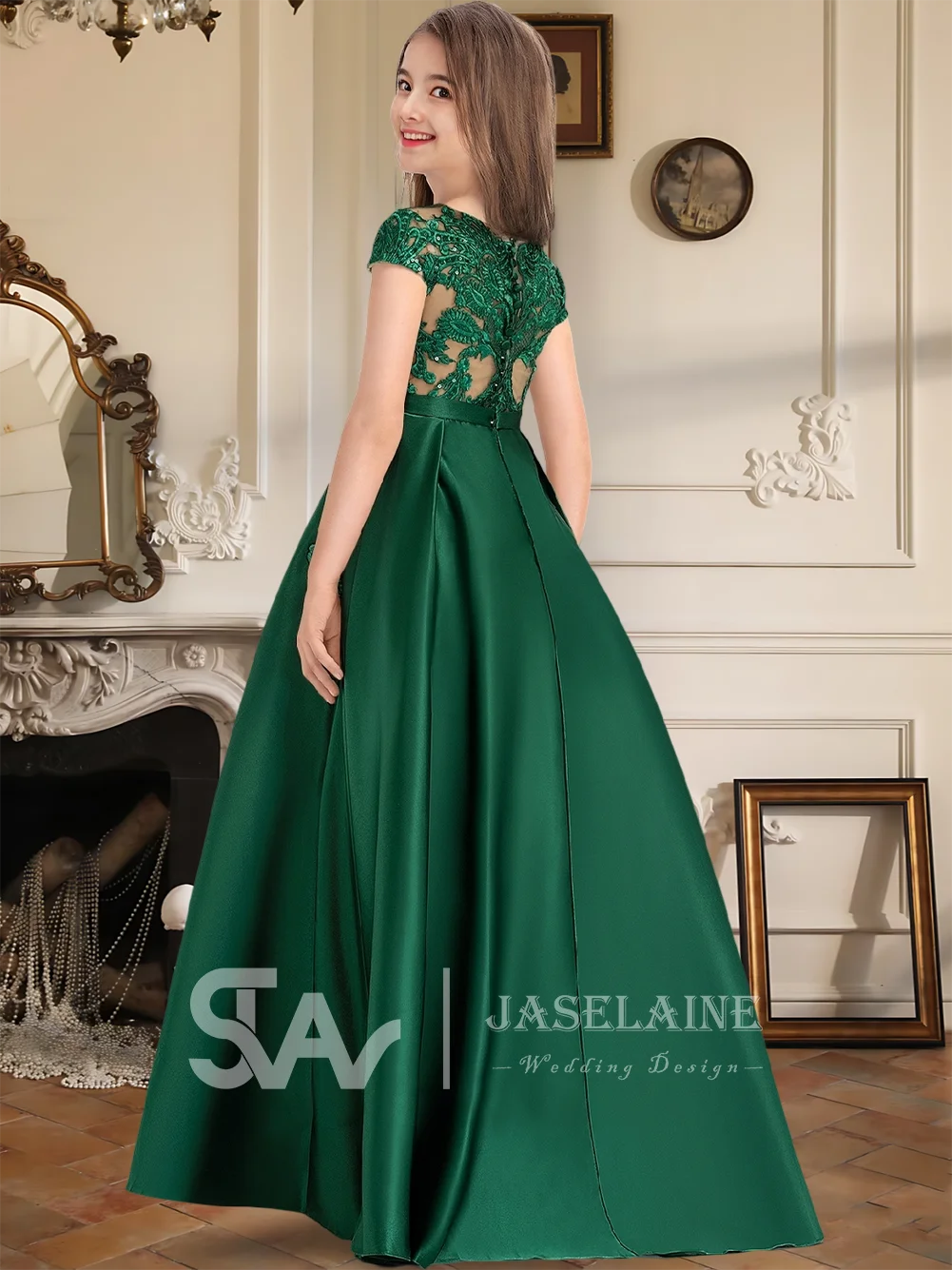 Un abito da ballo per bambini Abito da damigella d'onore junior in pizzo di raso lungo fino al pavimento con fiocco Abito da ragazza di fiori Festa di nozze formale