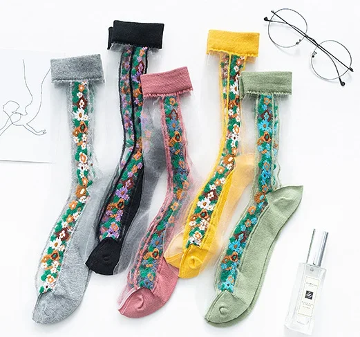 InjSocks-Chaussettes Jacquard Transparentes pour Femme, Imprimé Floral Cool, Verre, Mode Japonaise et Coréenne, Été, 1 Paire
