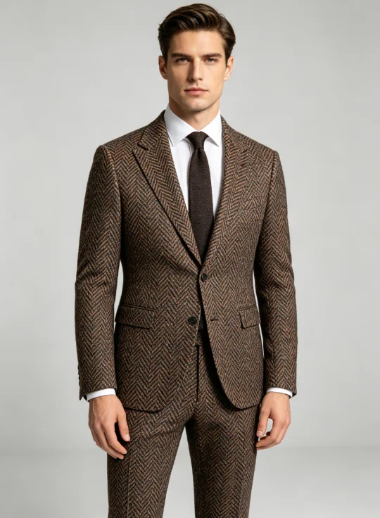 Herren Anzug aus braunem Fischgrätentweed, 2-teilig, Slim Fit, mit Reverskragen, Blazer und Hose, formeller Business-Hochzeitsanzug für Bräutigam.