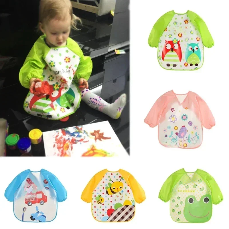 Bavoir imperméable et Anti-salissure pour bébé de 0 à 3 ans, manteau à manches longues avec sangle, bavoir d'alimentation doux, motif de dessin animé mignon, tissus à roter