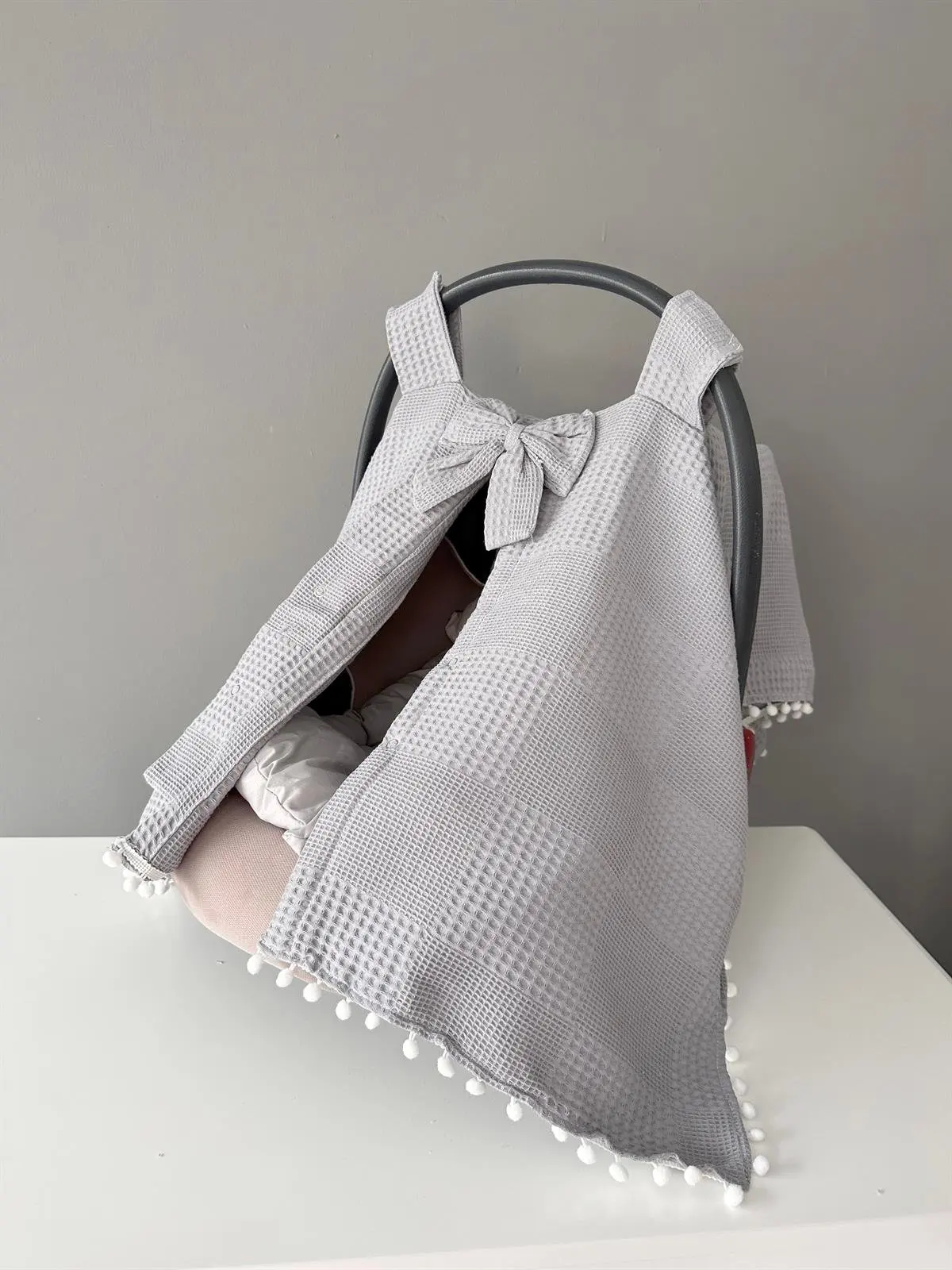 Handmade Gray Waffle Fabric Organic Stroller Cover and Cushion