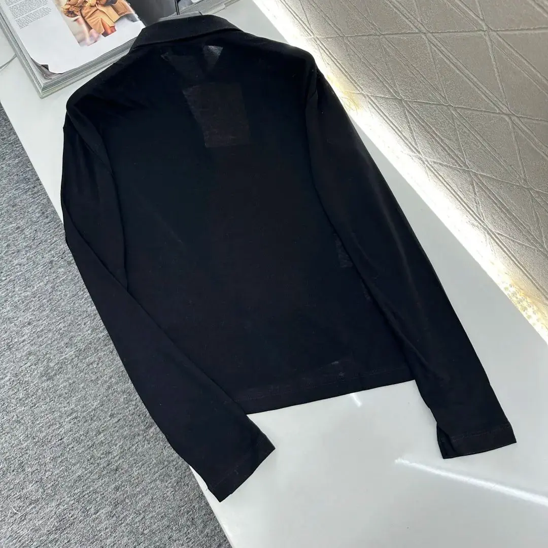 

2025 Plain Lapel Versatile Long Sleeve Top Tencel Wool Material Half Placket Adjustable Pure Black Buttons High-End Versatile