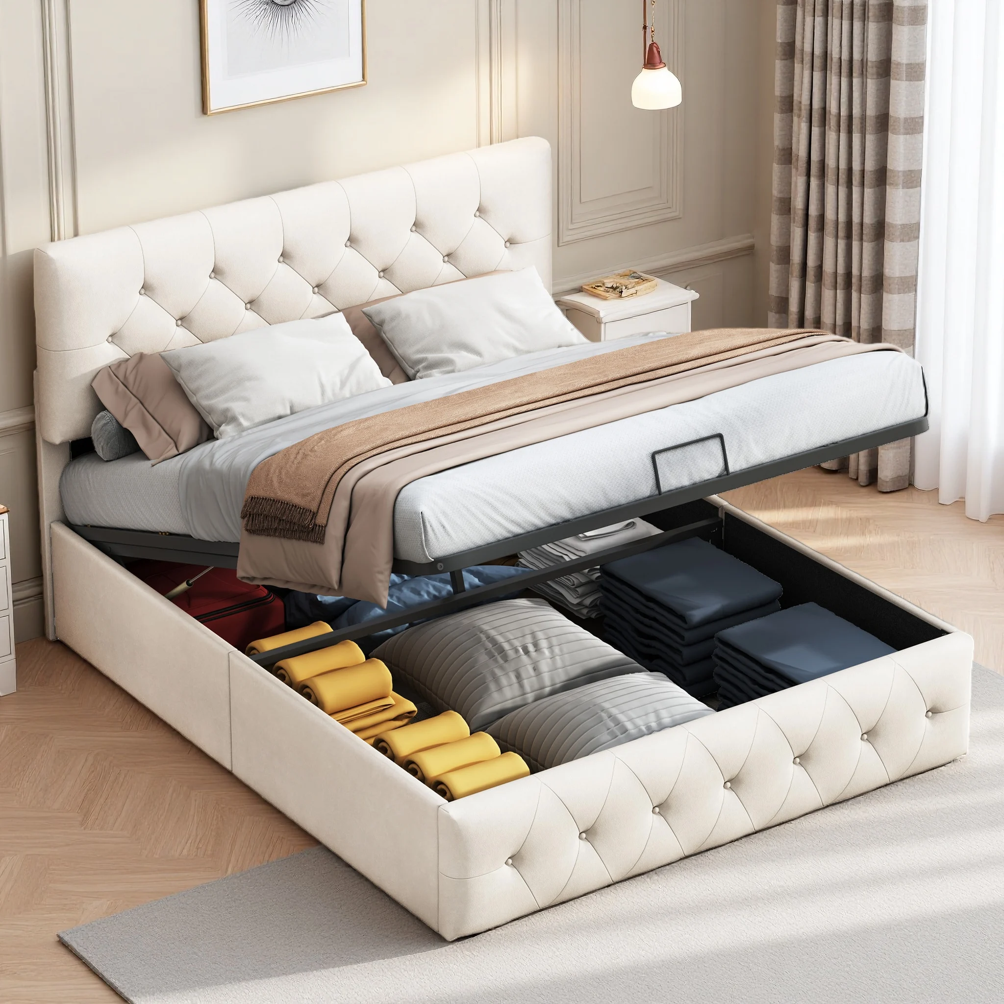Letto imbottito Anajqaqia 140x200 cm con vano contenitore, letto con meccanismo idraulico e testiera regolabile, letto matrimoniale, letto per ragazzi, struttura letto con doghe, velluto, colore