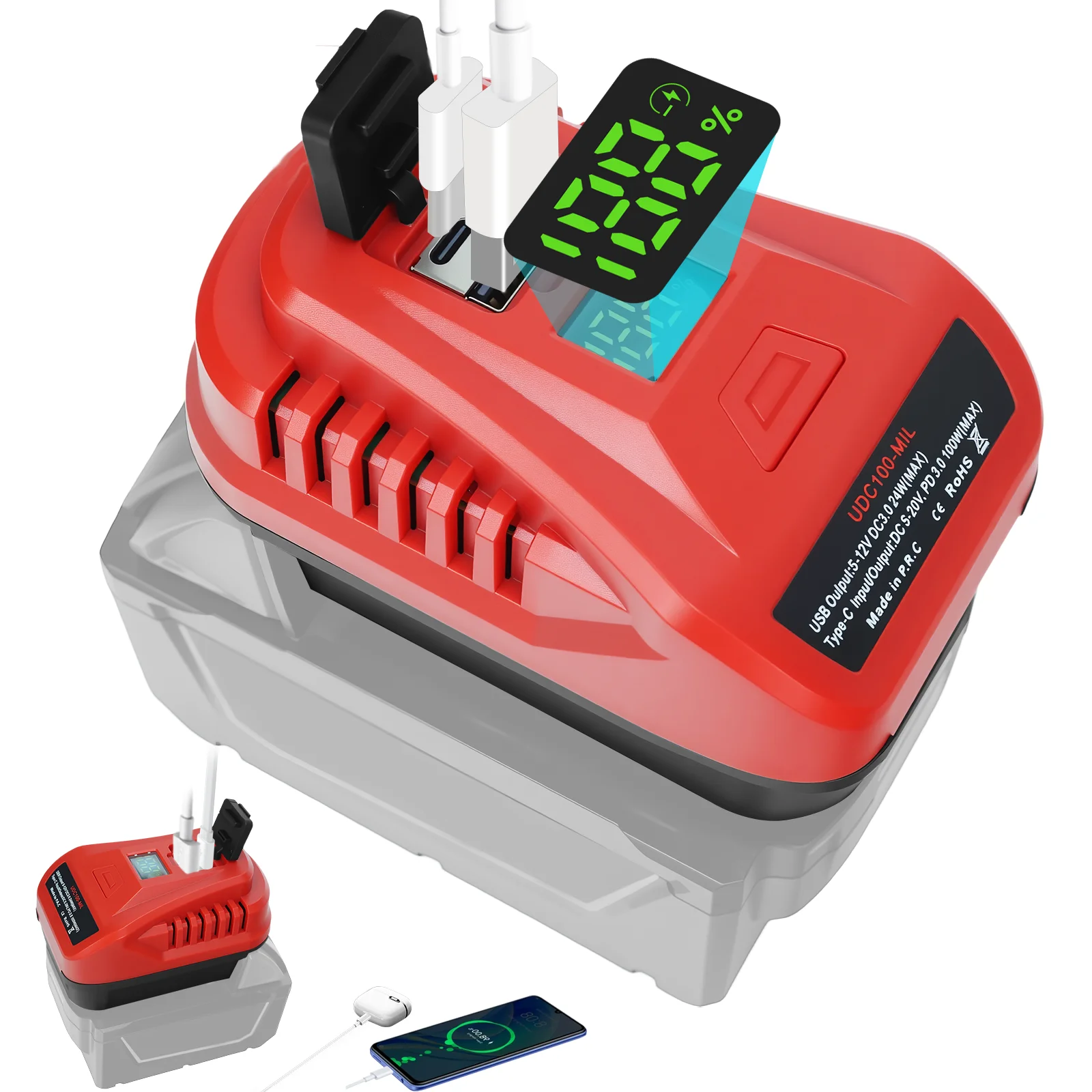 

Charger for Milwaukee 18V Battery 100W Portable Bidirectional Charger Adapter Power Inverter with Type-C & USB Port (No Battery)