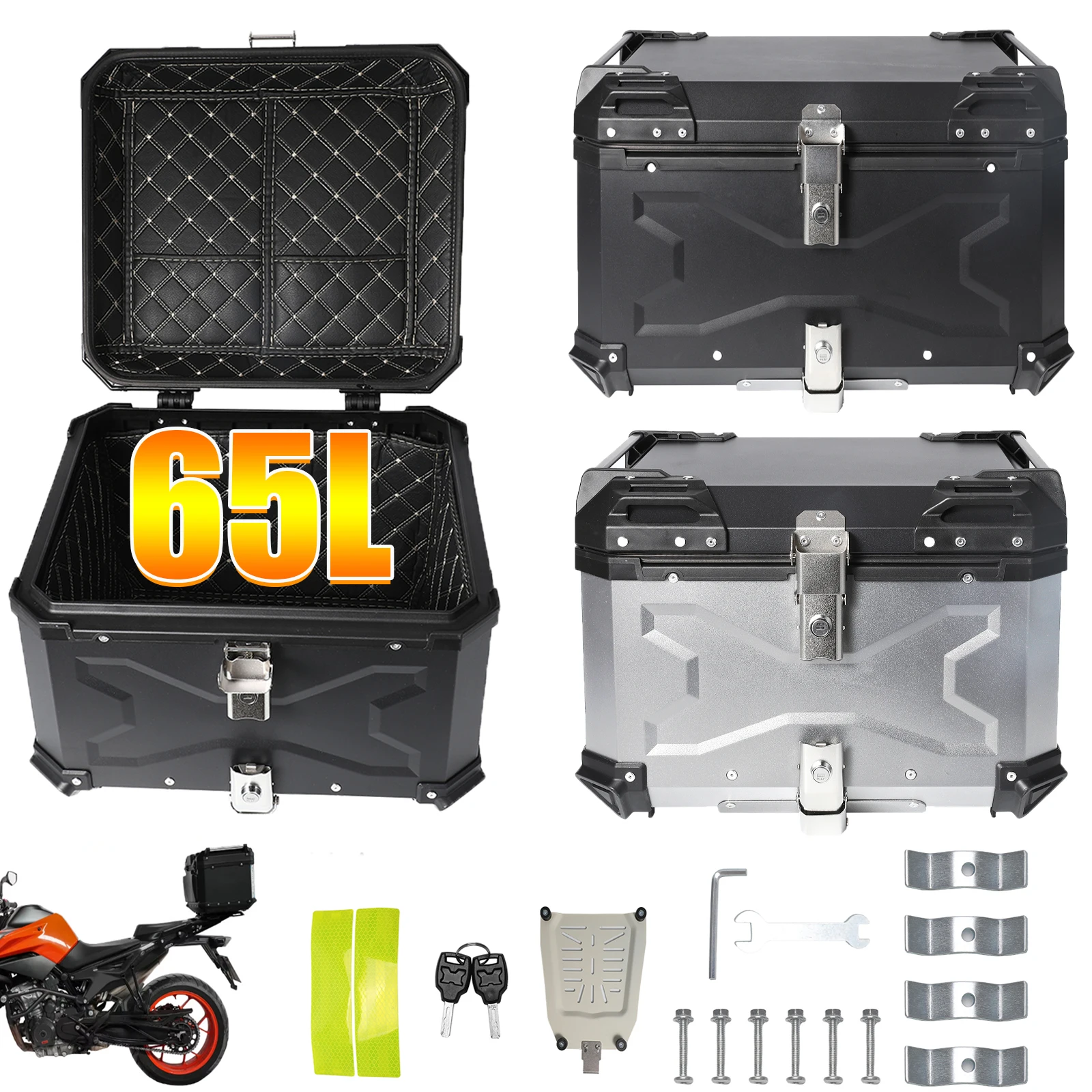 Boîte supérieure de moto en alliage d'aluminium 65L/55L, coffre de moto, boîte de casque, boîte arrière de moto étanche, étuis à outils de rangement de bagages