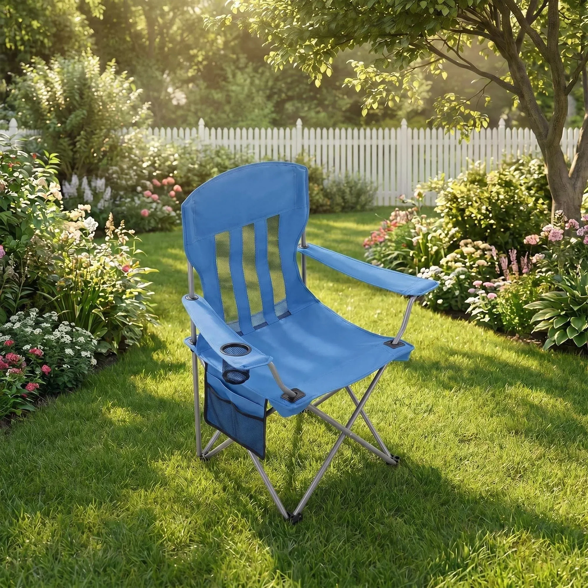 Chaise de camping Hzuaneri, lot de 2, chaise de camping pliable avec dossier en maille respirante, porte-gobelet, sac de transport, structure robuste jusqu'à 150 kg, chaise de pêche, pliable, bleue