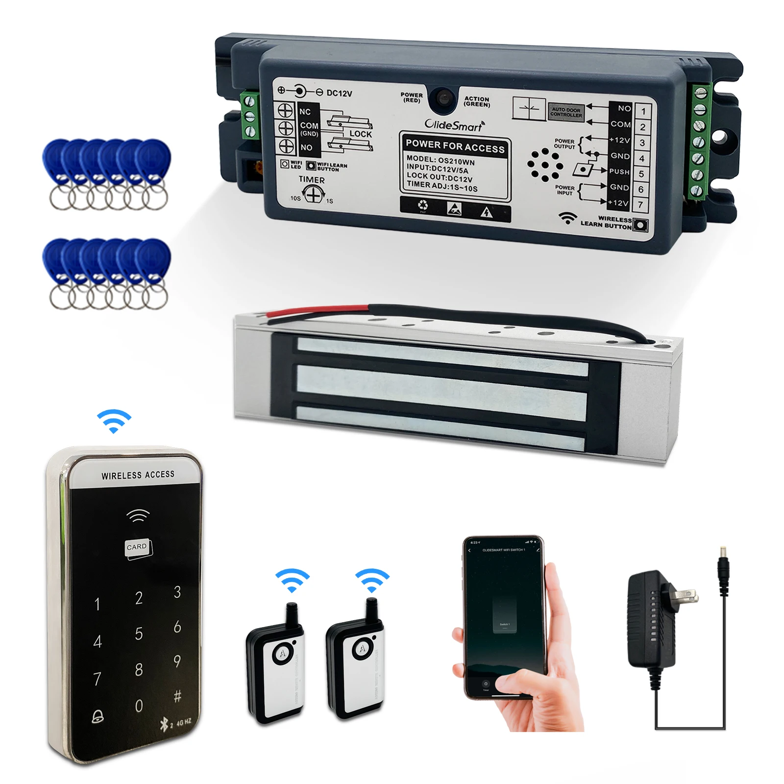 

Electric Magnetic Door Lock System Kit with Remote and App Control, paired with password access keypad and tags