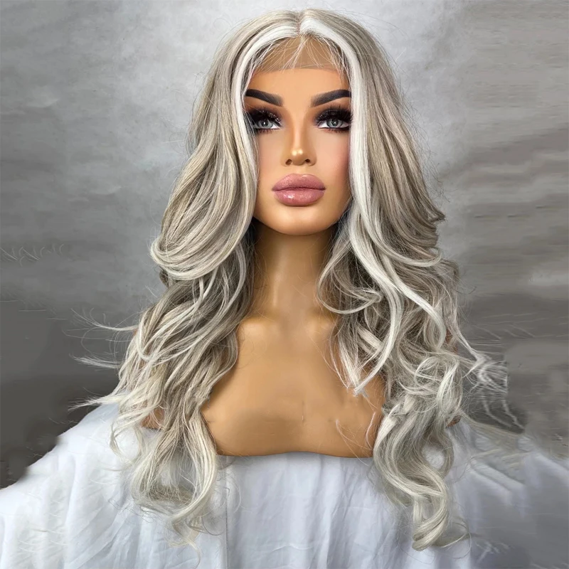 Iced Blonde Wavy Women Wigs Ash Blonde White Highlights Premium Quality Synthetic Hair Fibres Lace Front Wig Human Hair Blends