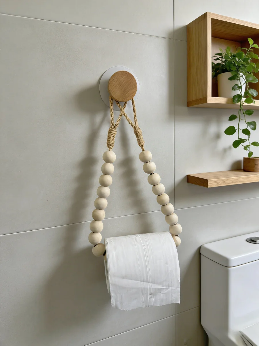 Nail-free Paper Towel Holders Rack Wooded Bathroom Bohemian Handwoven Rope Beaded Jute Rope Towel Rack Hanging