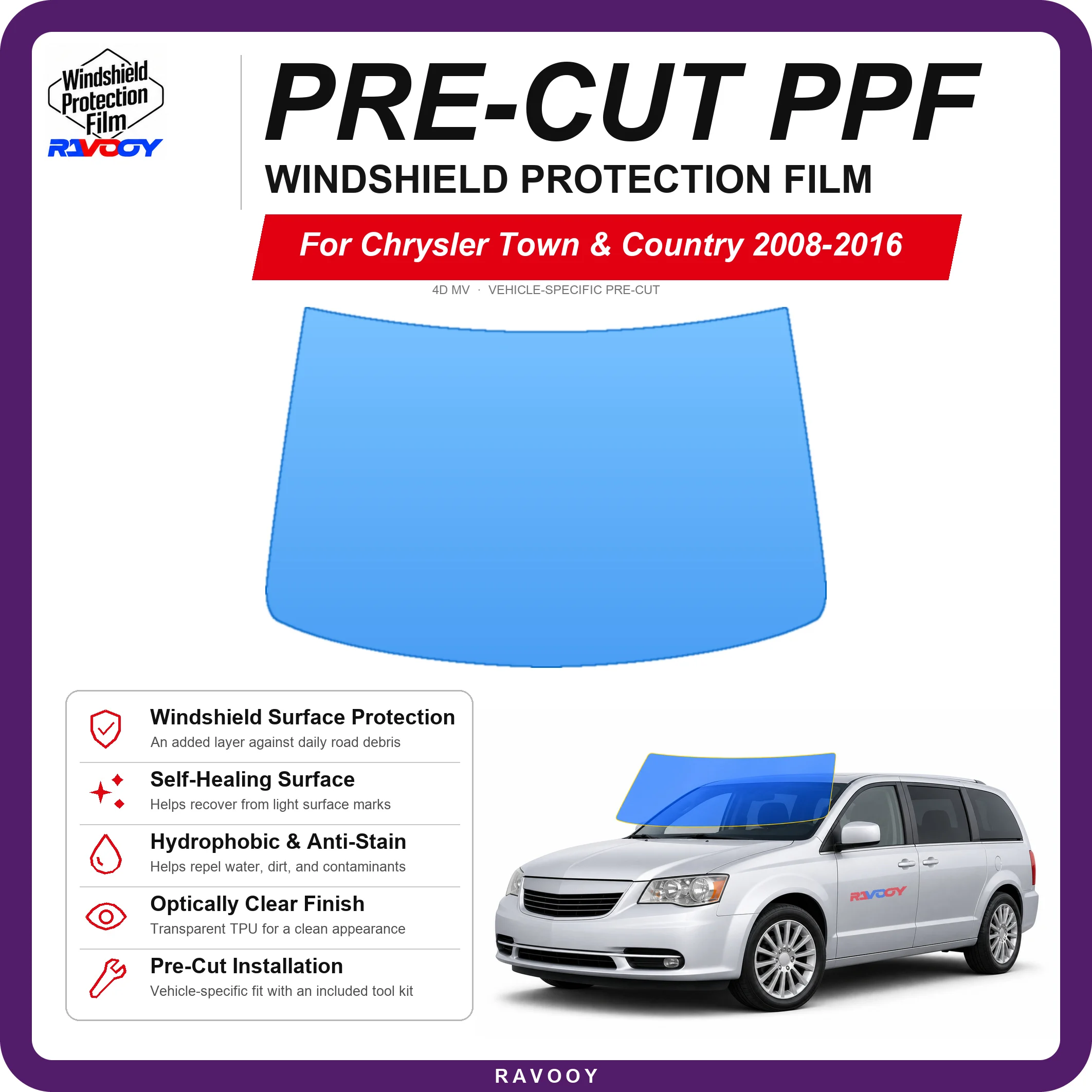 RAVOOY Pre-Cut Front Windshield Protection Film For Chrysler Town & Country 4D MV 2008-2016 6.5mil Clear TPU UV Blocking Kit