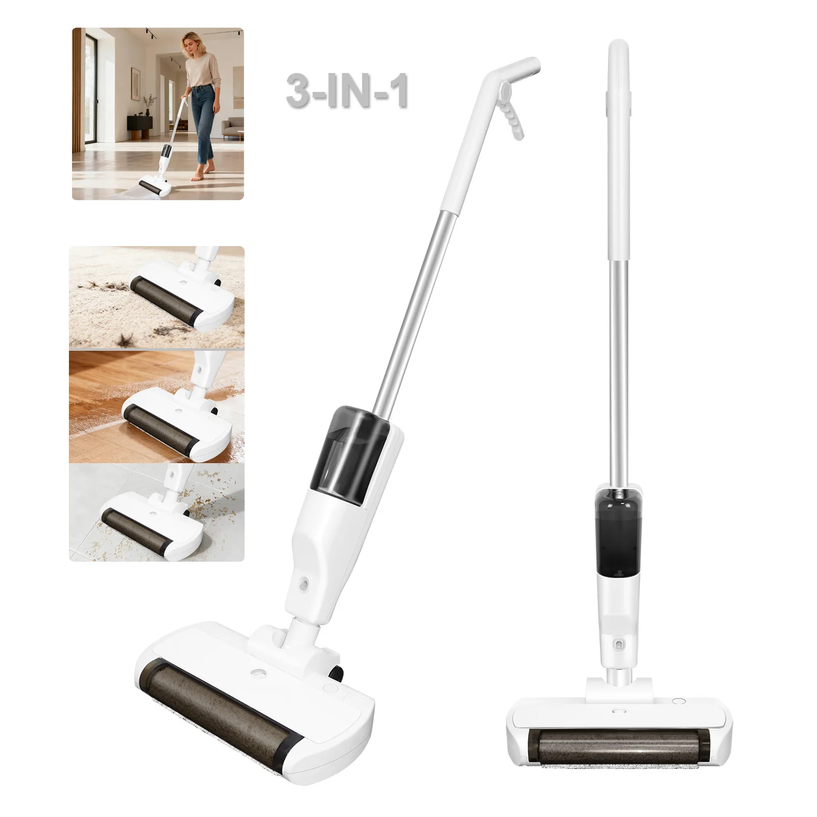 Aspirateur sans fil pour sols secs et humides, laveur de sols électrique, autonomie de 60 minutes, stérilisation par lumière bleue, pulvérisation d'eau, réservoir d'eau de 550 ml, bac à poussière