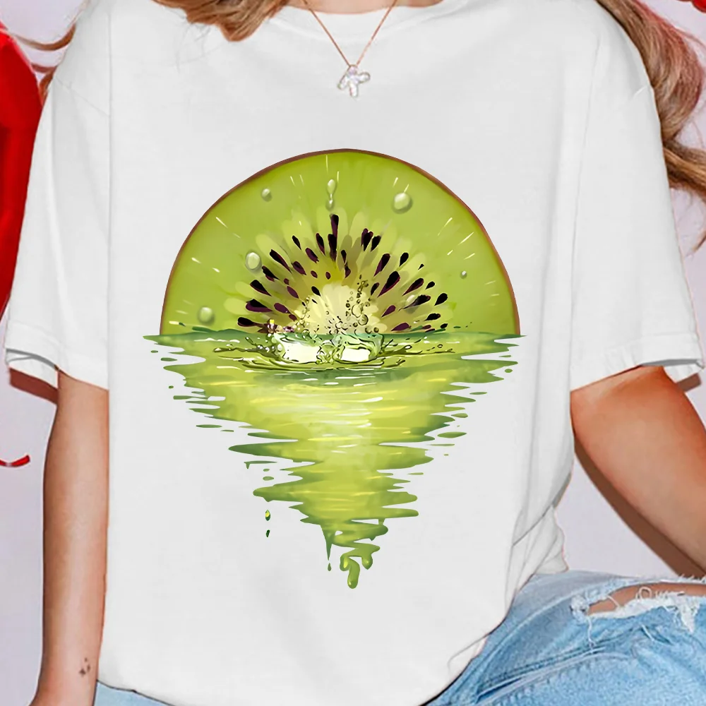 

Футболка Kiwi Splash, белая футболка, художественная ломтик киви, водная графика, повседневная свободная футболка с короткими рукавами, креативный удобный топ с фруктами