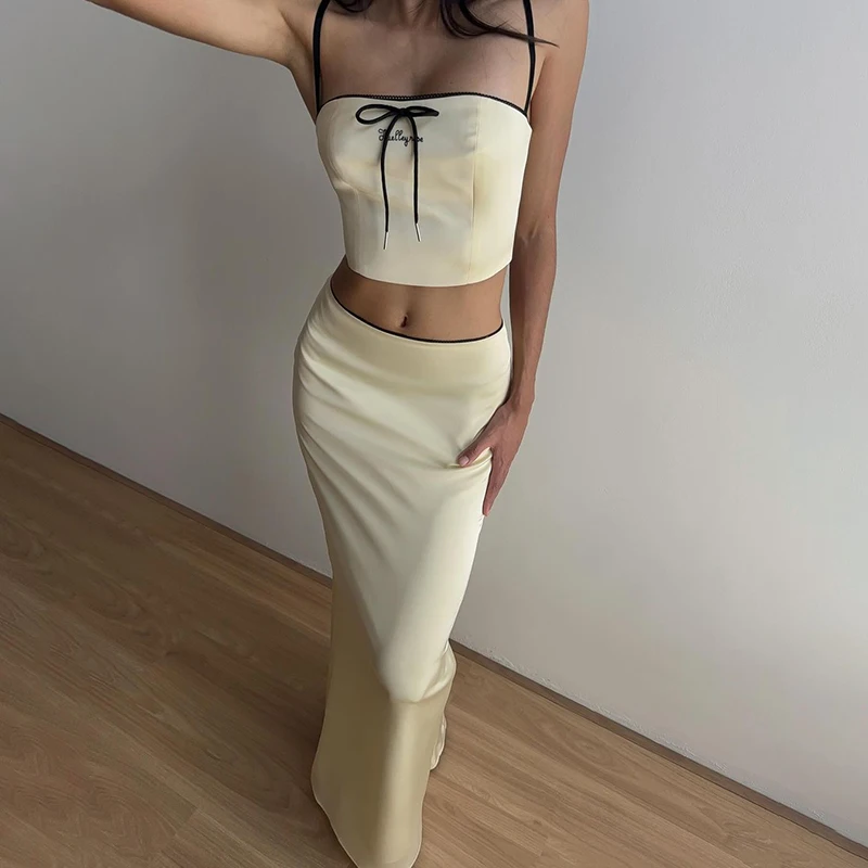 Women Skirt Two Piece Set Summer New Fashion Camis Solid Sleeveless Crop Top High Waist Skirt Slim Female Sexy Party Club Suit