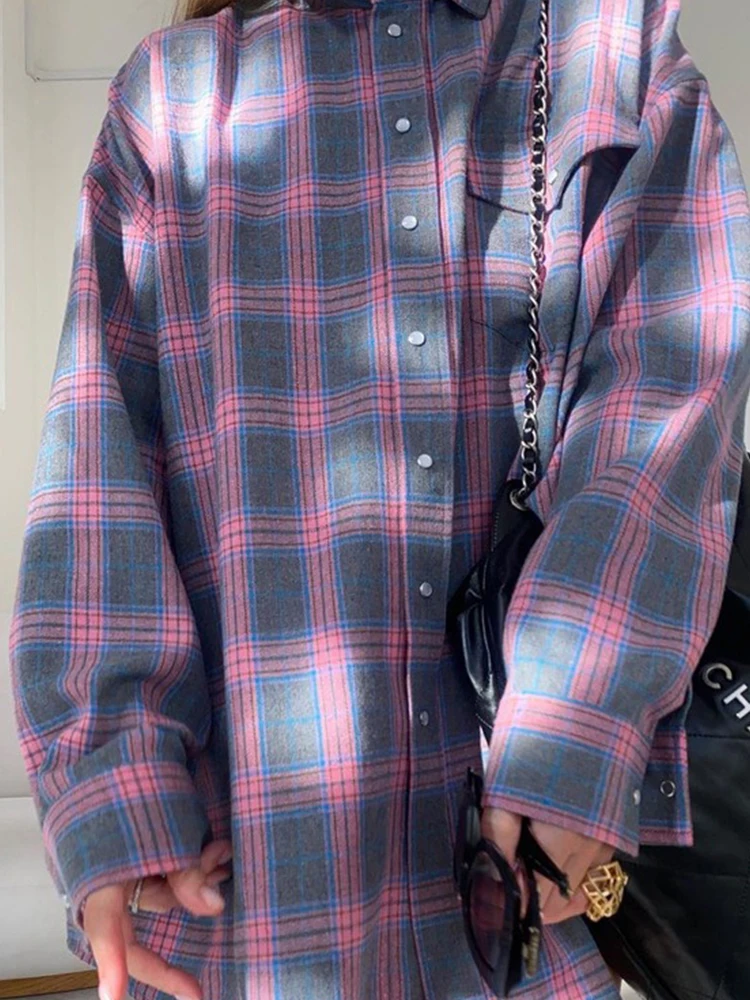 2024 Langarm lose Revers Tasche Plaid Shirt Herbst Winter Frauen Vintage Fit Bluse koreanischen Stil Knopf lässig weibliches Hemd