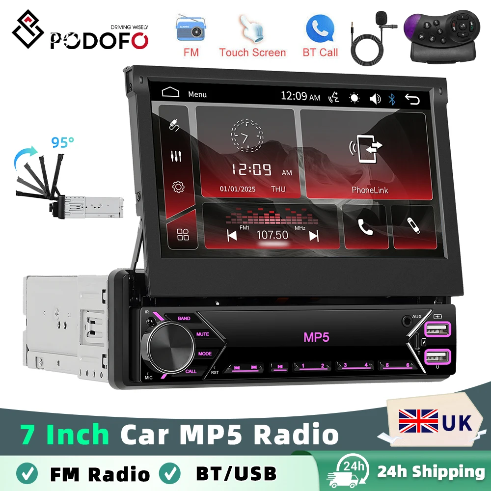 Podofo Wired Mirror MP5 Radio 7'' 1Din Car Stereo Radio Manual Retractable Screen Car Multimedia Player BT FM Radio Receiver