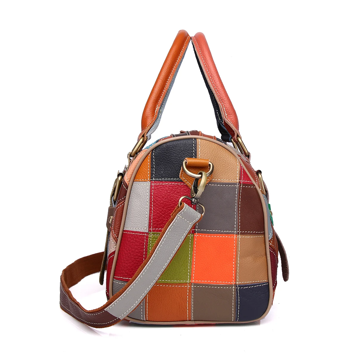 Modna torebka patchworkowa z prawdziwej skóry w kratę w kontrastowym kolorze na jedno ramię damska boston damska torba na poduszkę — zdjęcie 3