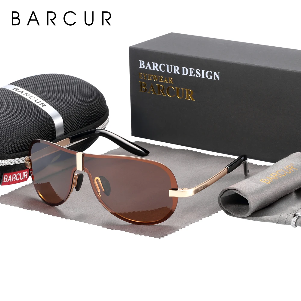 BARCUR Polarized Black Sunglasses Male Rimless Yellow Glasses Men Driving Night Vision Eyewear Accessories Oculos