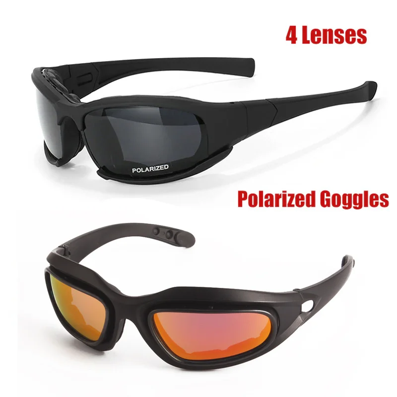 4 Lens Tactical Goggles Outdoor Polarized Climbing Cycling Fishing Sports Glasses Windproof Dustproof Safety Protective Eyewear