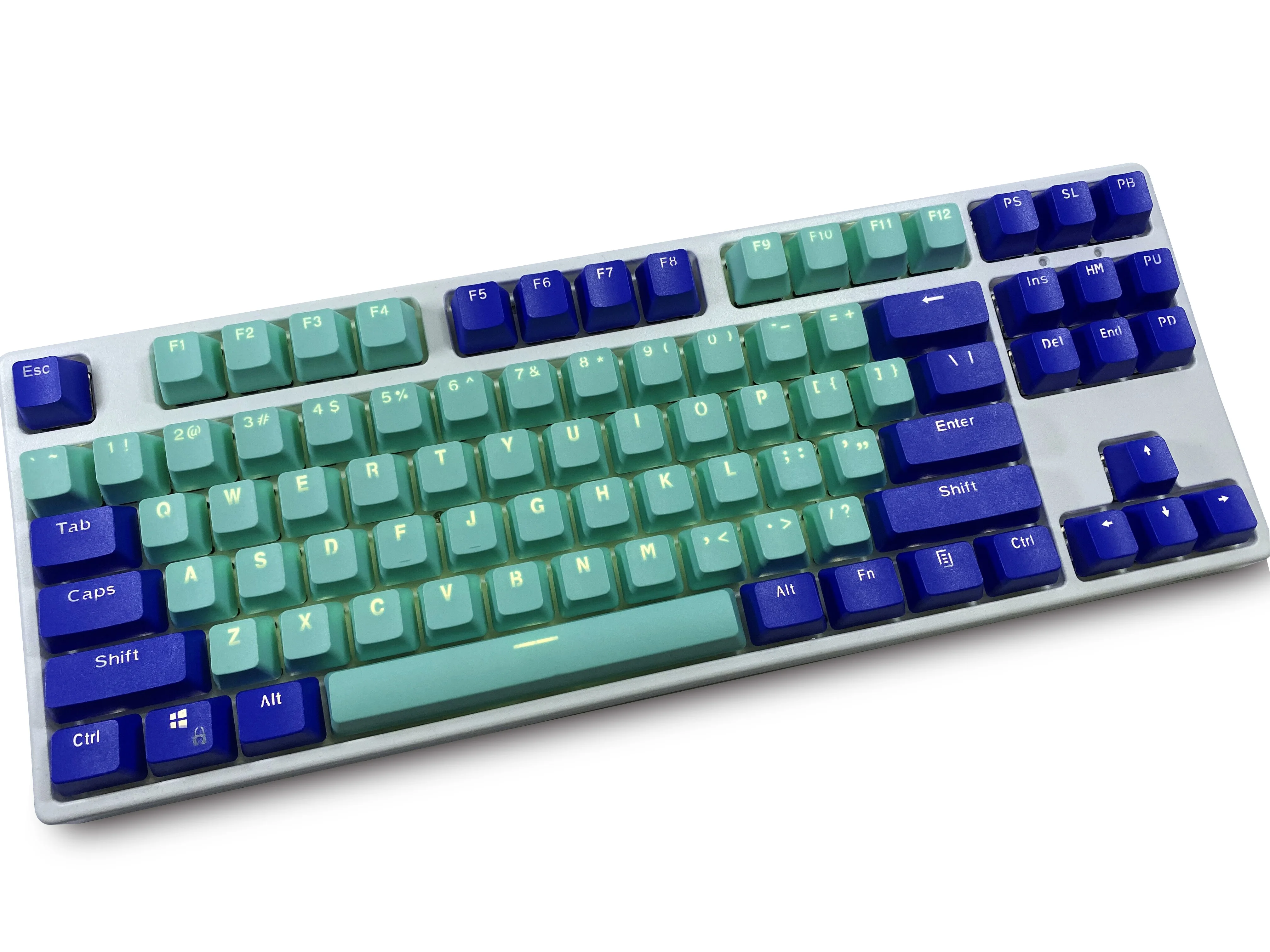 

Blue Cyan 87 Keycaps, PBT Material OEM Height Mechanical Keyboard Keycaps, Double Backlit Characters, Transparent Game Keycaps