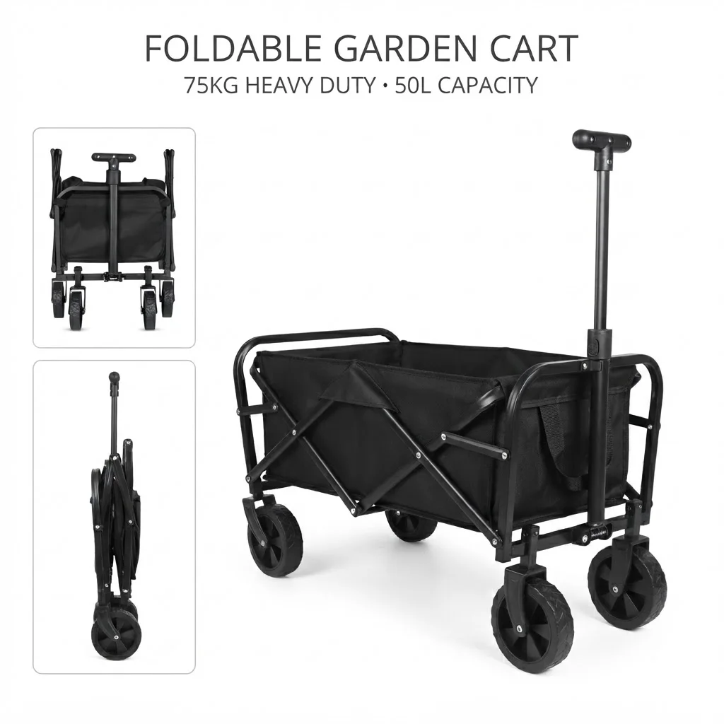 Carrello pieghevole resistente da 75 kg, carrello da campeggio pieghevole da 50 L con tessuto Oxford 600D, 360 ° Ruote girevoli e manico regolabile, carrello da spiaggia portatile per fare la spesa,