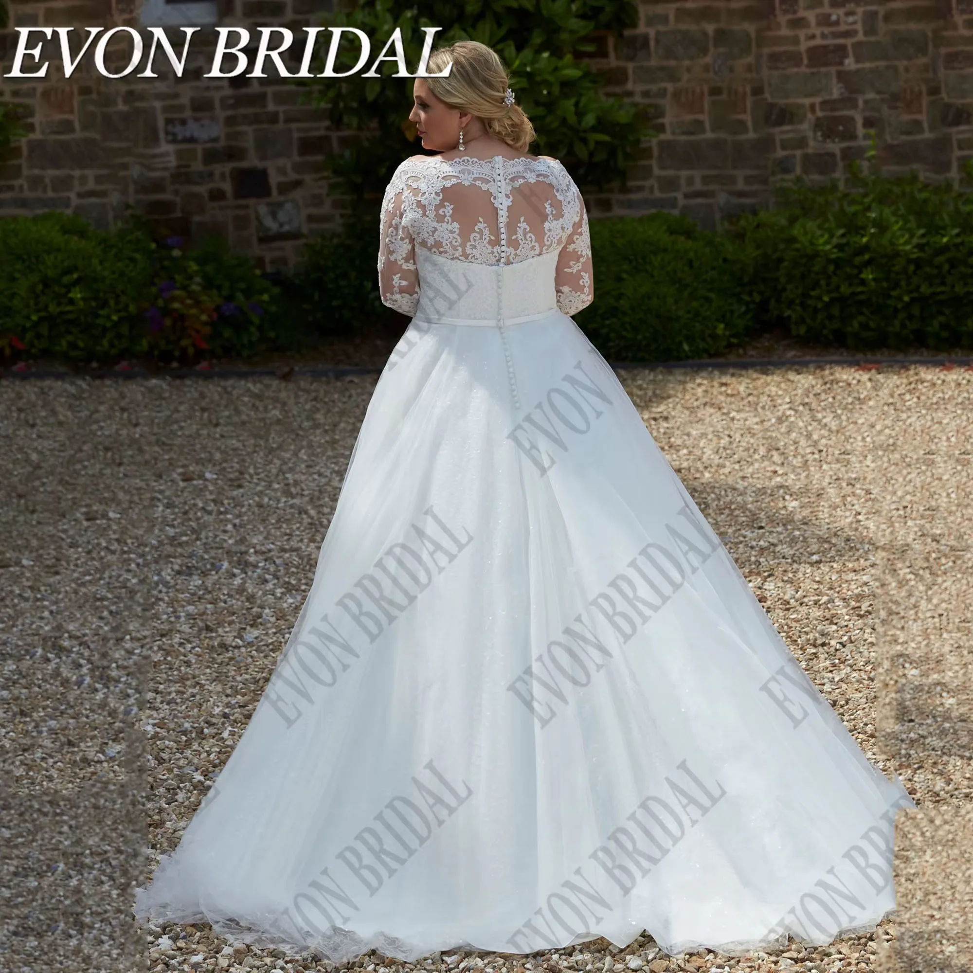 Plus Size Boat Neck Wedding Dresses Long Sleeves Off Shoulder Bride Gowns A-Line Muslim Vestidos De Novia EVON BRIDAL Customized