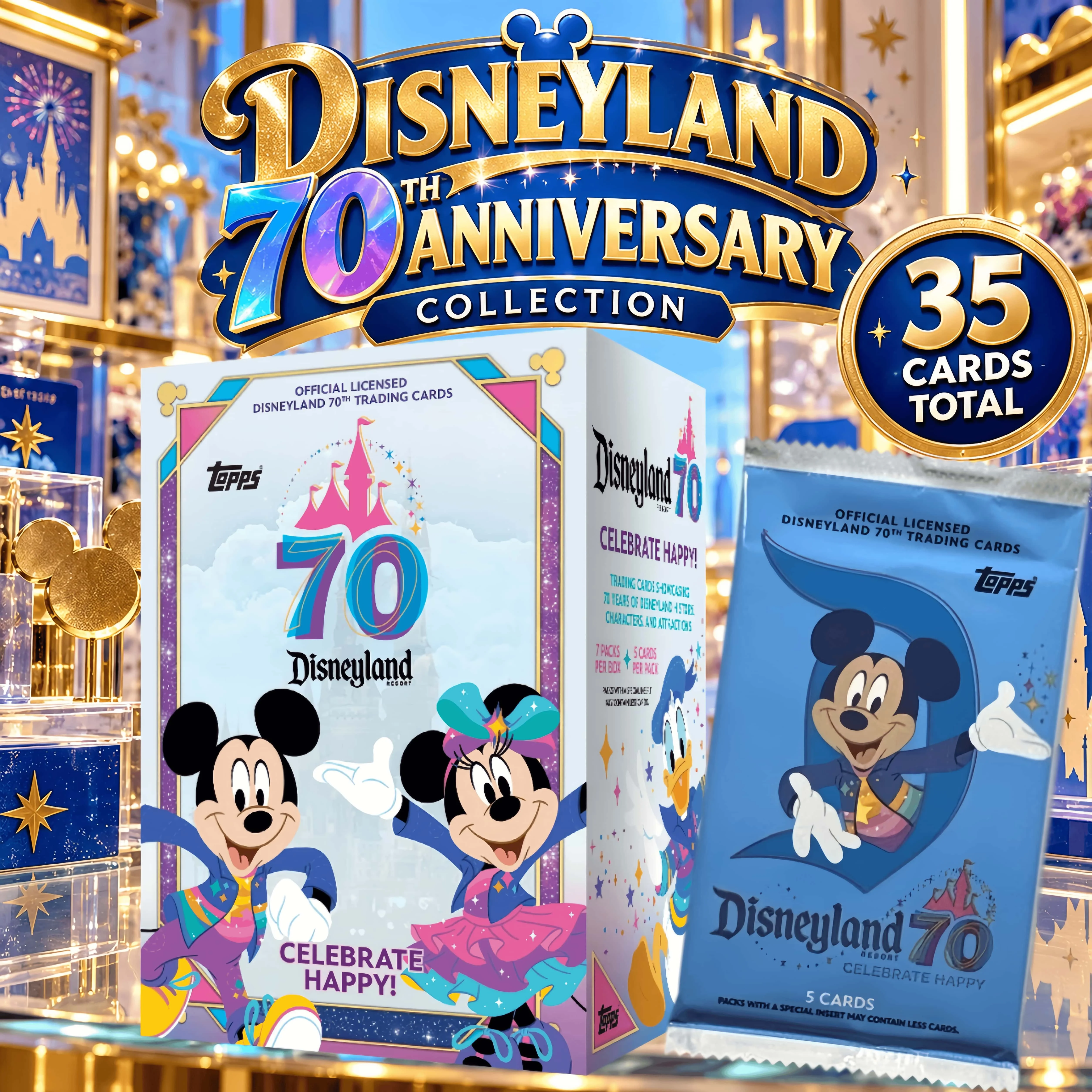 35 Cards 2025 Topps Disneyland 70th Anniversary Celebrate Happy! Value Blaster Box, Factory Sealed Disney Trading Card Collection, Mickey Mouse & Friends, Premium Disney Collectible Cards for Fans, Collectors & Gifts