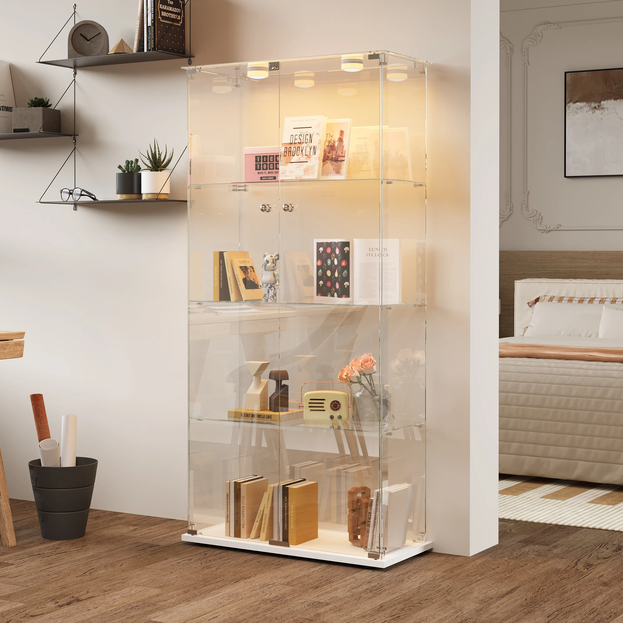 Vitrine pour figurines 78,5 × 35 × 163 cm avec bande lumineuse LED, vitrine à quatre niveaux à double porte en verre trempé, armoire de collection pour la maison, armoire de rangement sur pied pour bureau, armoire de rangement pour modèles, blanc