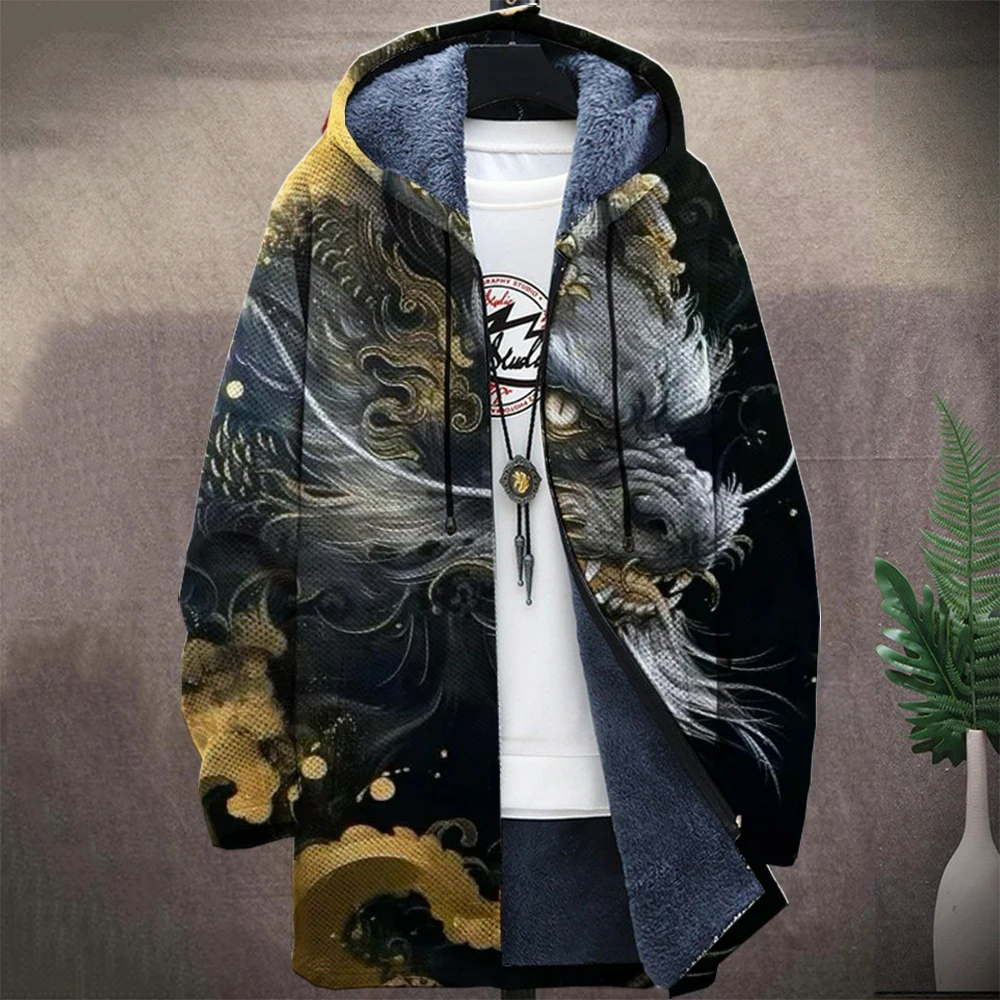 Men'S Animal Graphic Winter Dragon Coat Print Pattern Knitted Sweater Cardigan Zipper Hooded With Thick Fleece For Youth