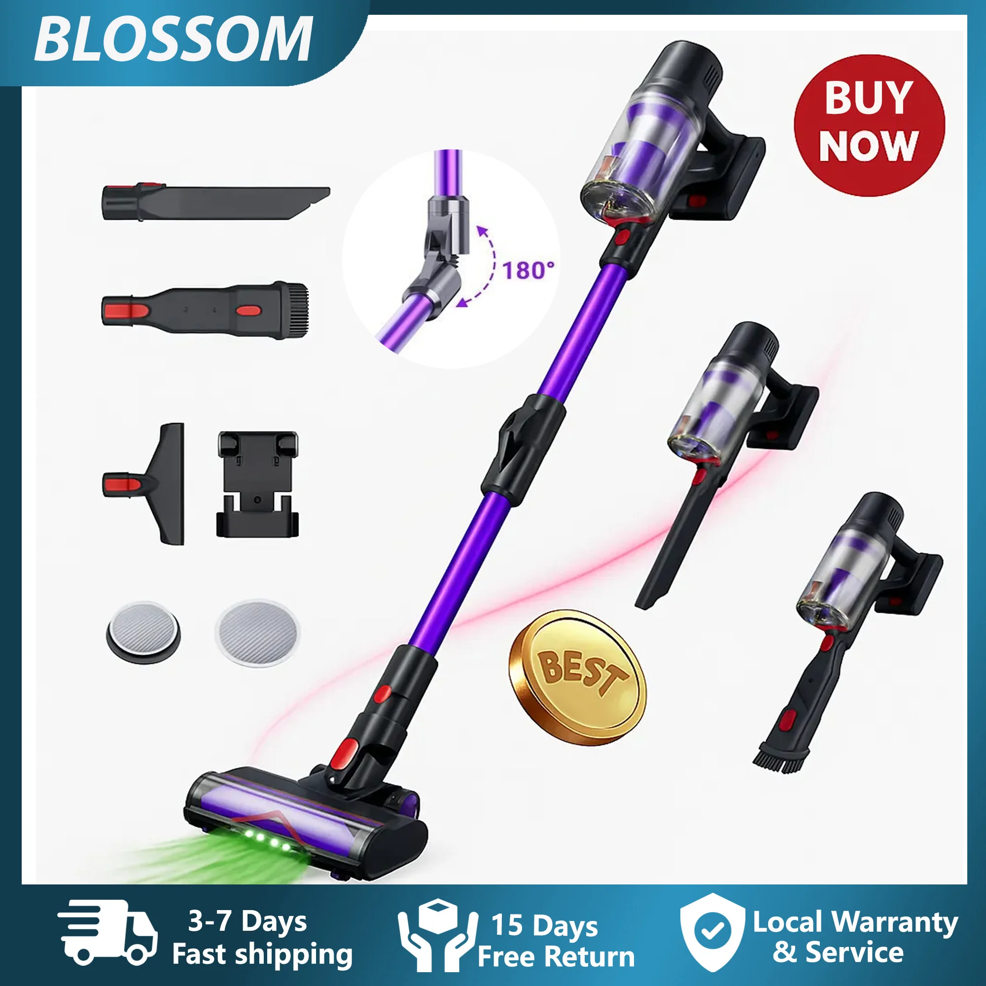 Blossom DSV112A steelstofzuiger met 180 ° Opvouwbare buis 55KPa zuigkracht Anti-Tangle Roller Smart Touch Screen 3 modi voor thuis
