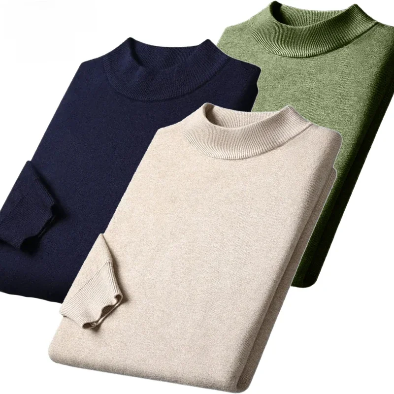 New Men's Solid Color Pullover Sweaters Half Turtleneck Long Sleeve Solid Color Breathable Streetwear Autumn Knitted Sweater Men
