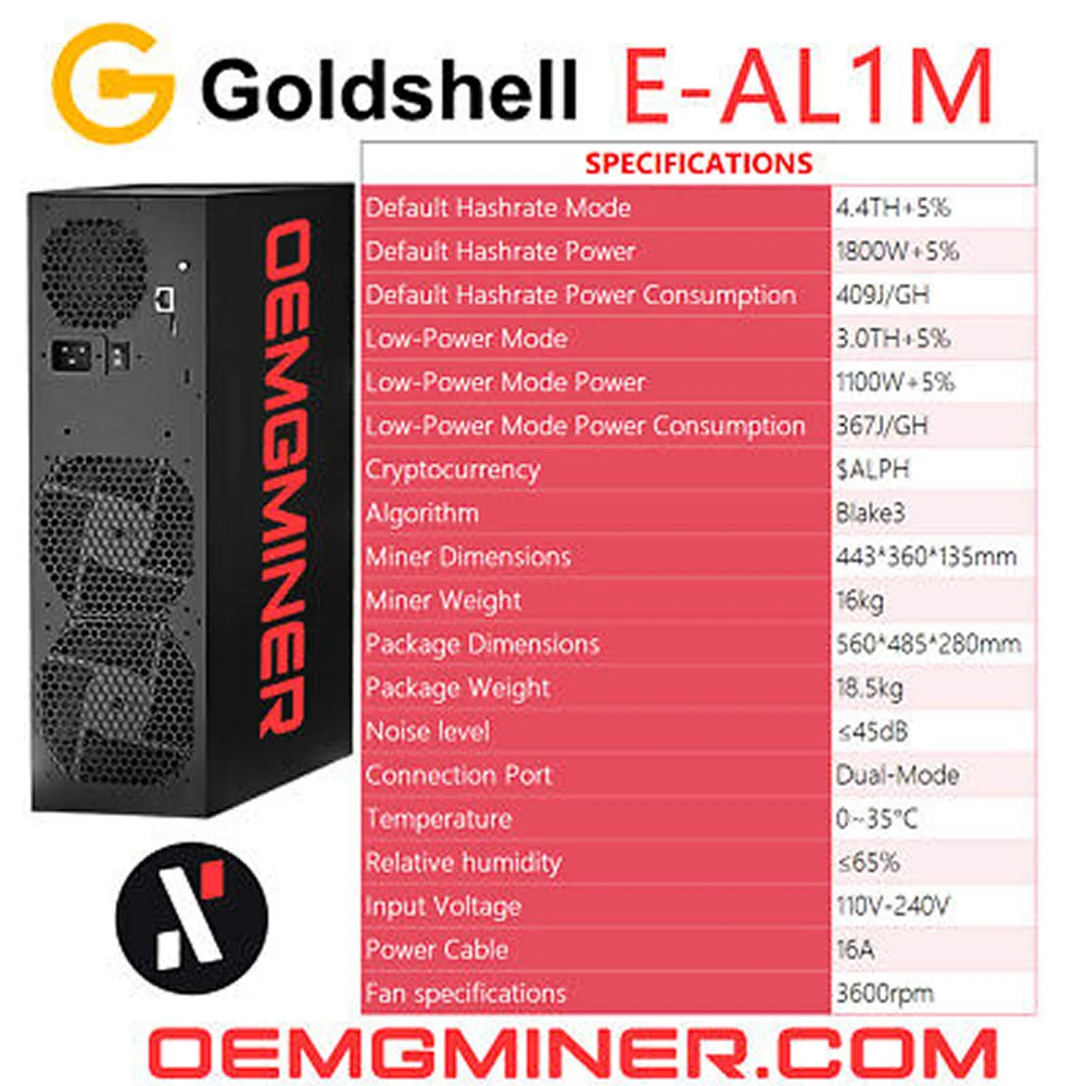 DC BUY 6 GET 4 FREE Goldshell E-AL1M 4.4T 1800W Alph Miner