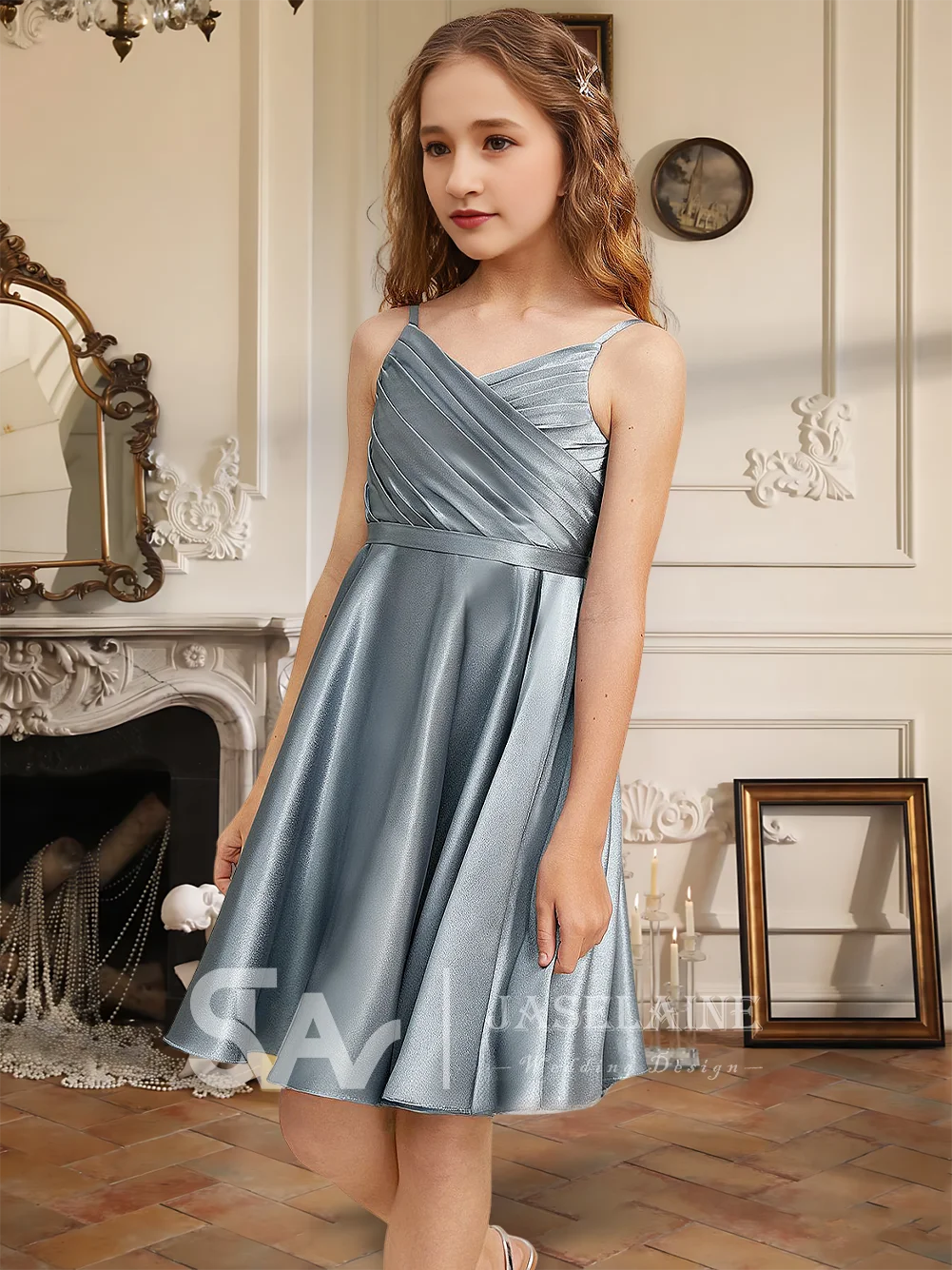 

A Elegant A-Line V-Neck Knee-Length Stretch Satin Junior Bridesmaid Dress Flower Girl Dress Girls Party Formal Wedding