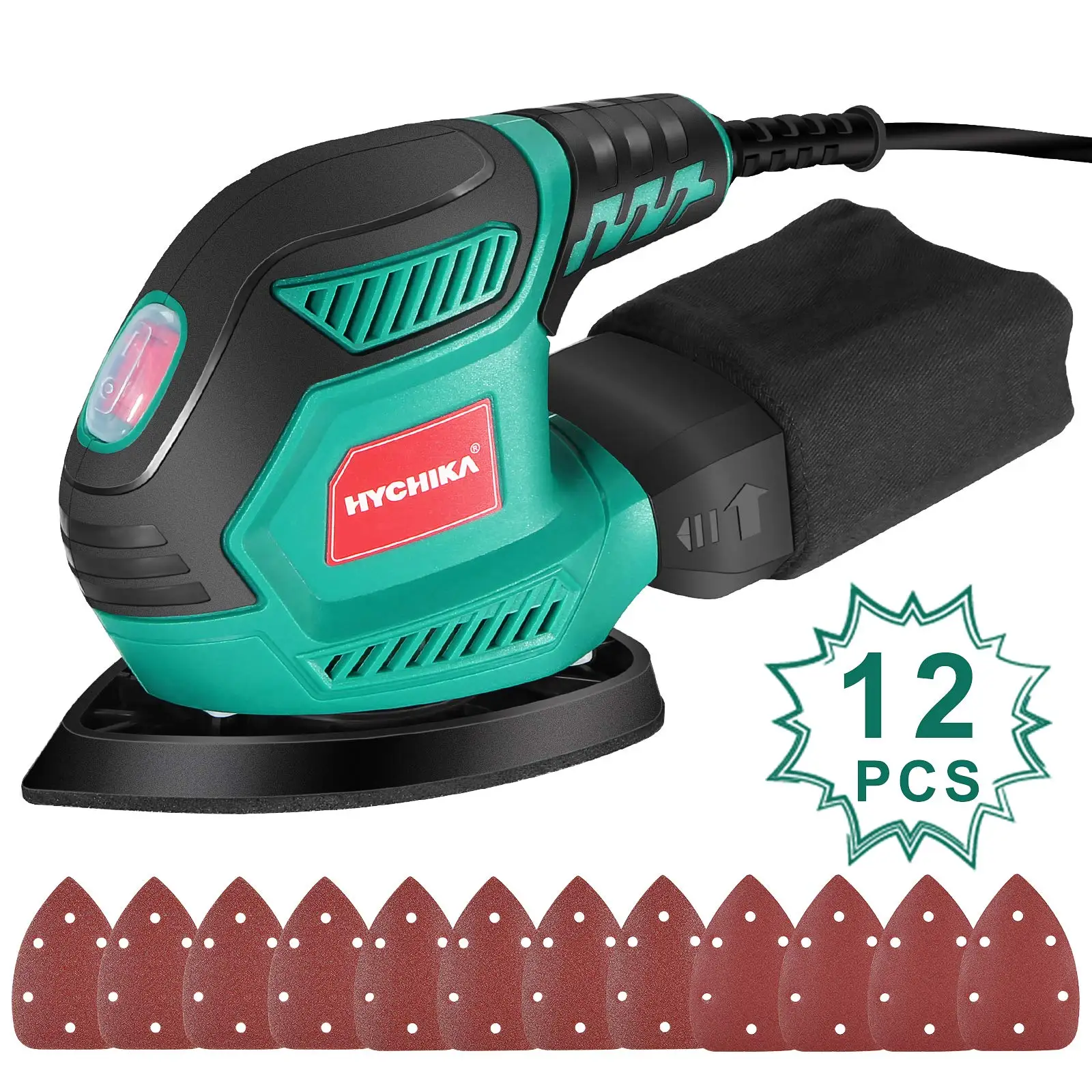 HYCHIKA Electric Detail Sander with Dust Collector 200W 14000RPM 12pcs Sandpapers Power Tools for Grinding Wood Metal