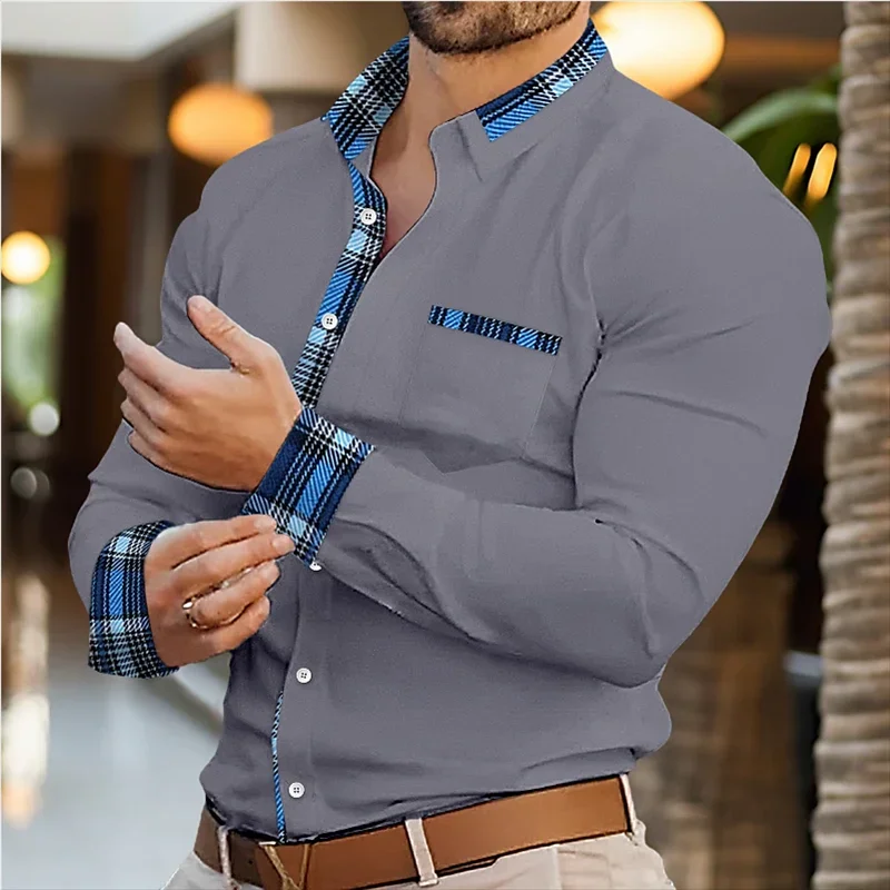 Men\'s shirt buttons casual shirt long -sleeved patchwork shirt daily fake casual comfortable casual and elegant clothing