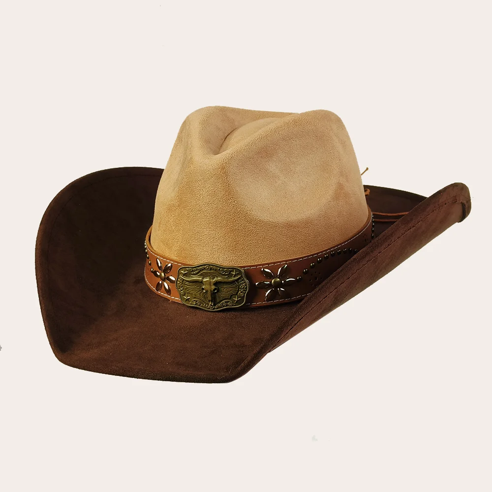 Neuer farbblockierter Western-Cowboyhut für Herren, Retro-Wildleder-Cowboyhut für Herren, breite Krempe, Filz-Fedora-Hut, Vintage-Panama-Muster für Herren