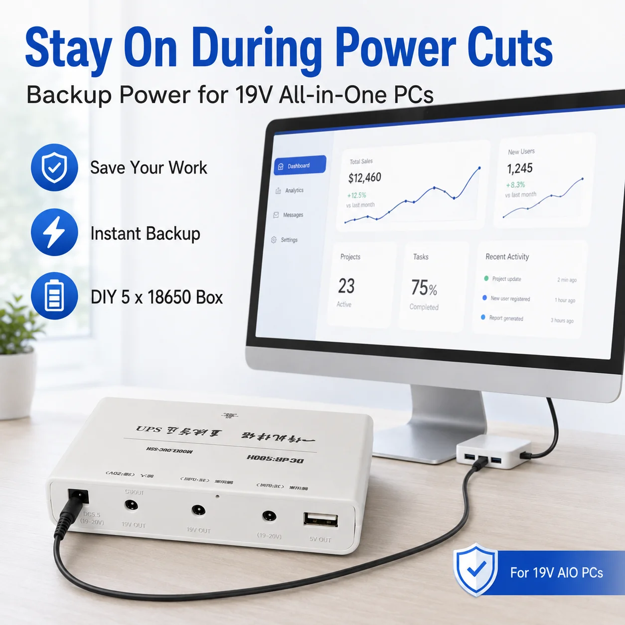 19V 20V All-in-One PC UPS Battery Box 5x18650 No Soldering DIY Power Supply Case with USB 5V Output