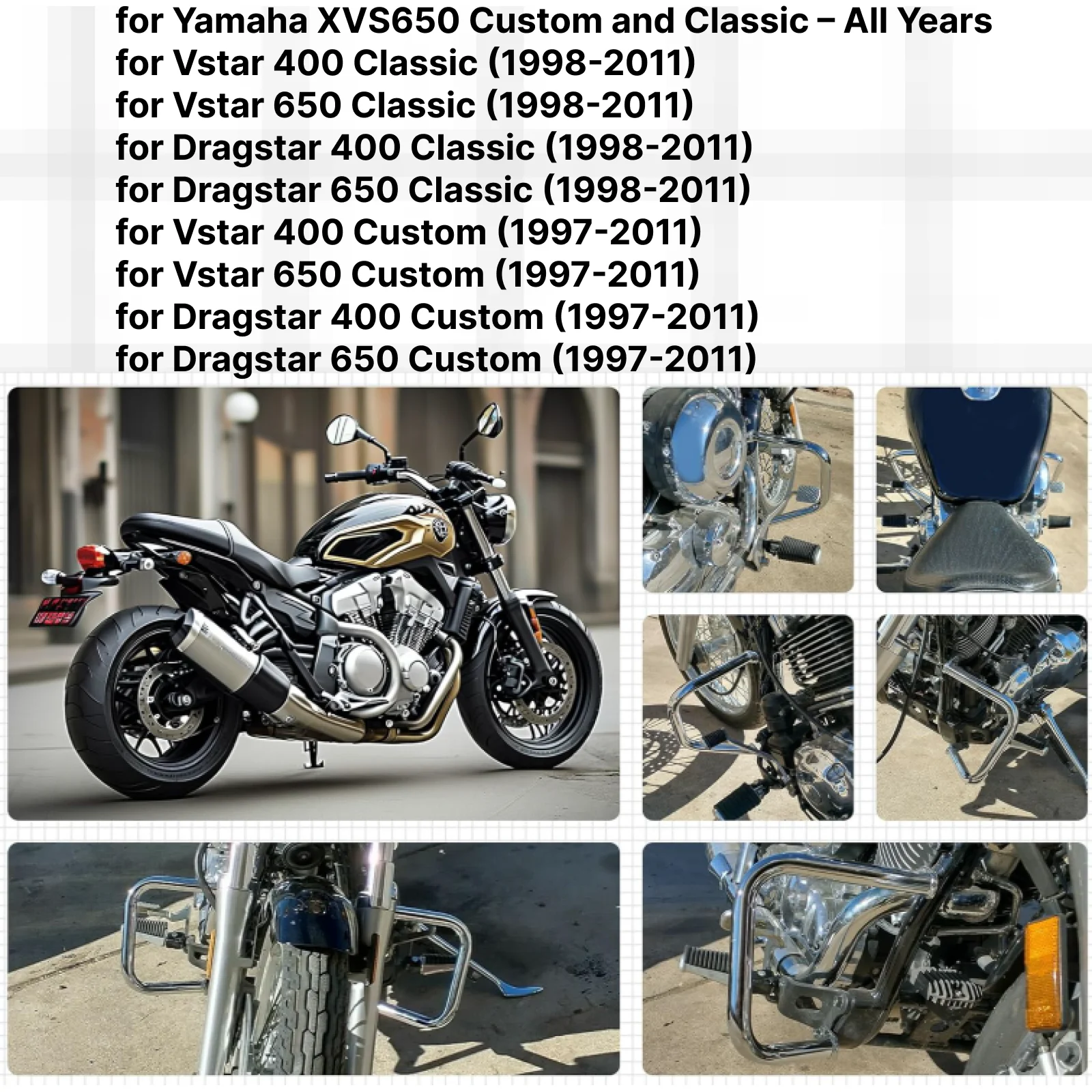 Chrome Engine Guard Highway Left Right Crash Bar for XVS650 V-Star 400 650 Classic for Yamaha XVS650 Custom and Classic view 2