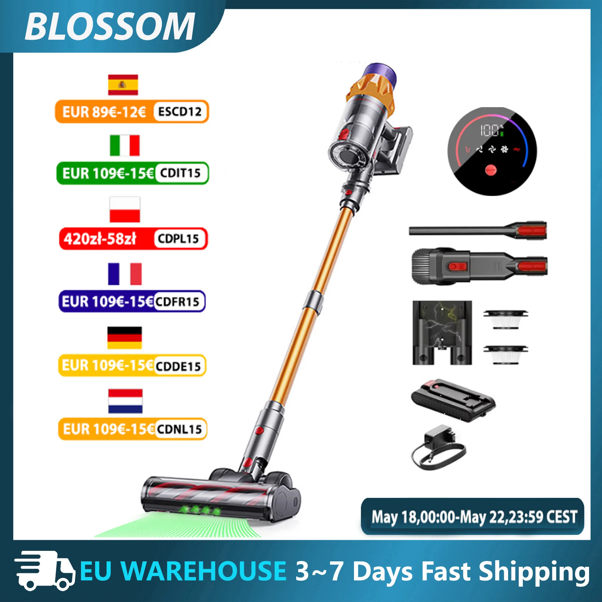 Aspirateur à main sans fil Blossom 550W 45kPA avec écran tactile, capteur de poussière et contrôle automatique de la vitesse pour poils d'animaux, nettoyage de tapis et maison