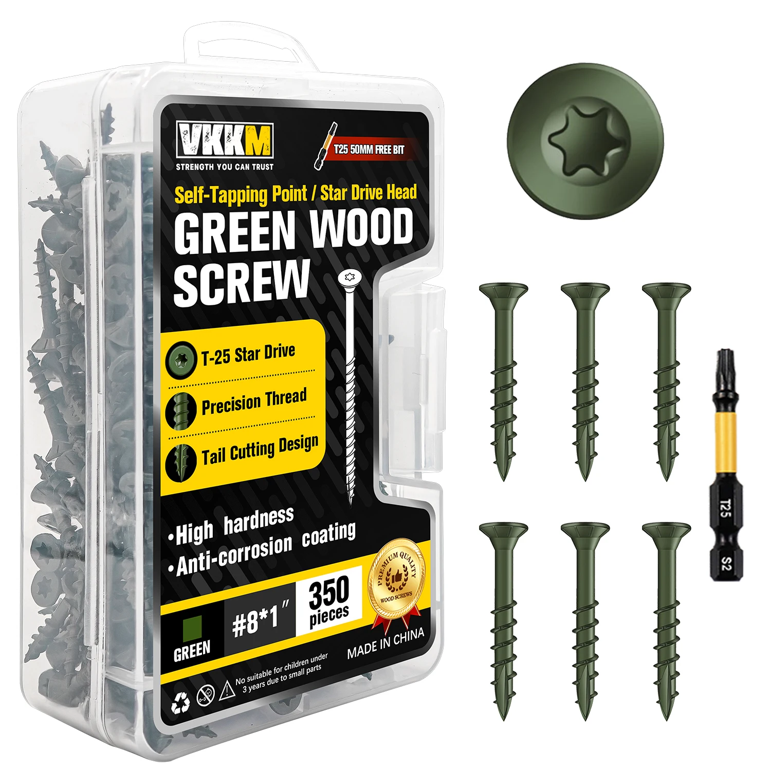 

#8 * 1" Green Wood Screws, 350Pcs Epoxy Coated Self-tapping Deck Screws with Bonus Drive Bit, Flat Head, T25 Torx Star Drive