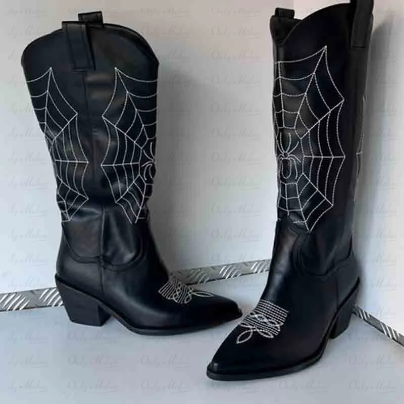 Onlymaker Women Black Pointed Toe Cowboy Boots Embroidery Spider Webs Fashion Handmade Female Mid-Calf Boots