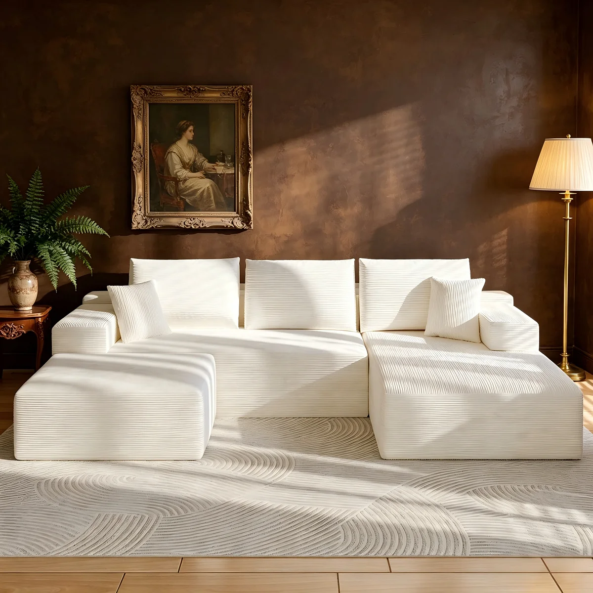 Canapé U modulable 274 cm, fonction lit convertible. Structure sans cadre, méridienne gauche avec ottoman, assise profonde, confort optimal.