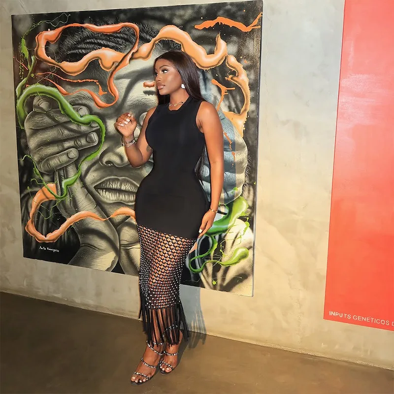

Summer New Arrival Women's Black Fringed Hem Mesh Diamond Sleeveless Bandage Dress Evening Party Dress