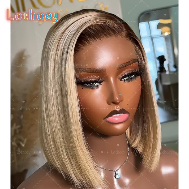 Short golden brown straight hair human hair wig right deviation natural excessive color comfortable highlight wig lace front edg