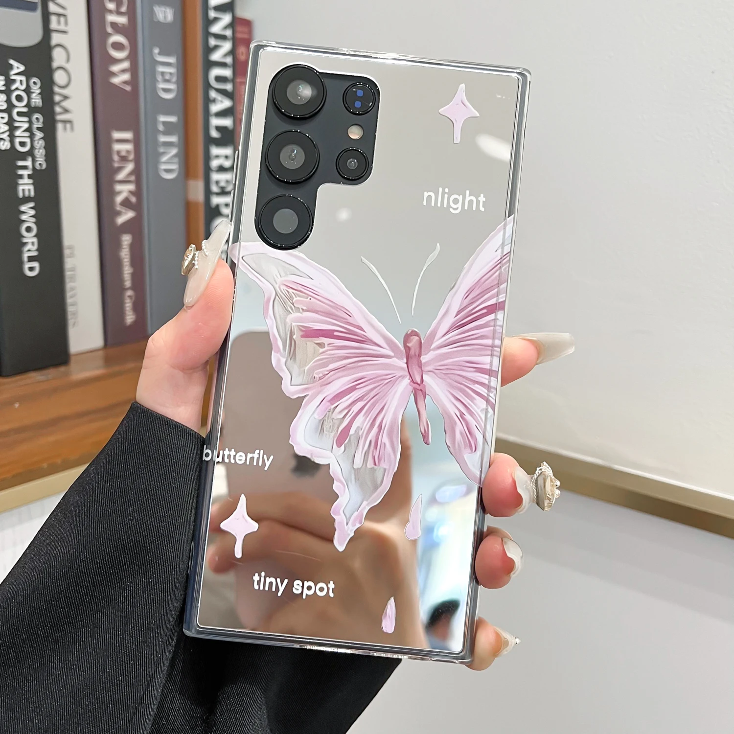 Pink Butterfly Mirror Phone Case  For Samsung S10 S20 S21 S22 S23 S24 Plus FE Ultra Note10  A71 A51 A54 Cover Glitter Sticker