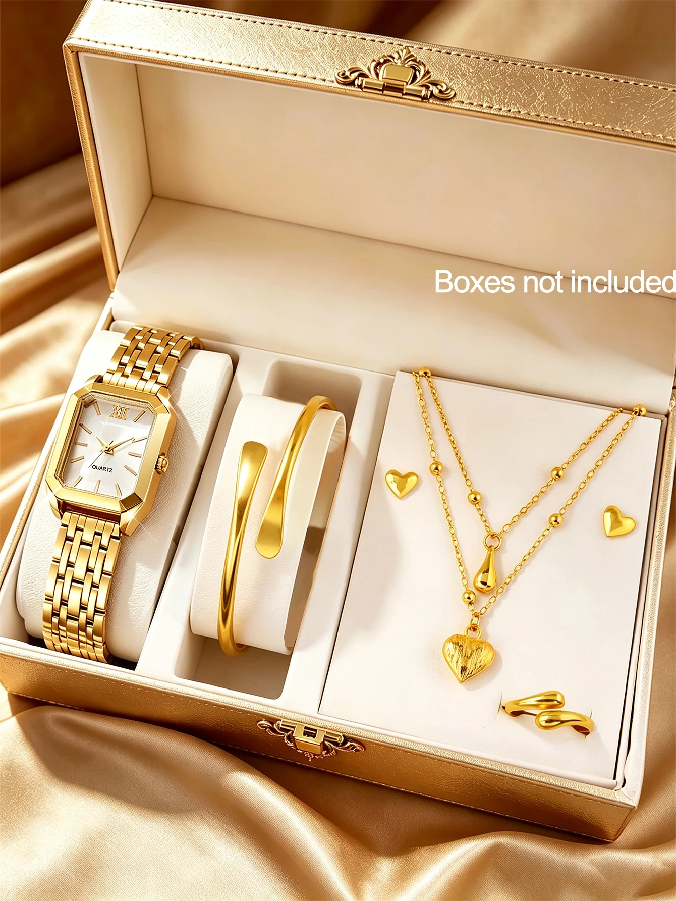 6-piece elegant women's watch set, featuring a unique square dial with heart-shaped and teardrop accessories, a luxurious everyday Valentine's Day gift
