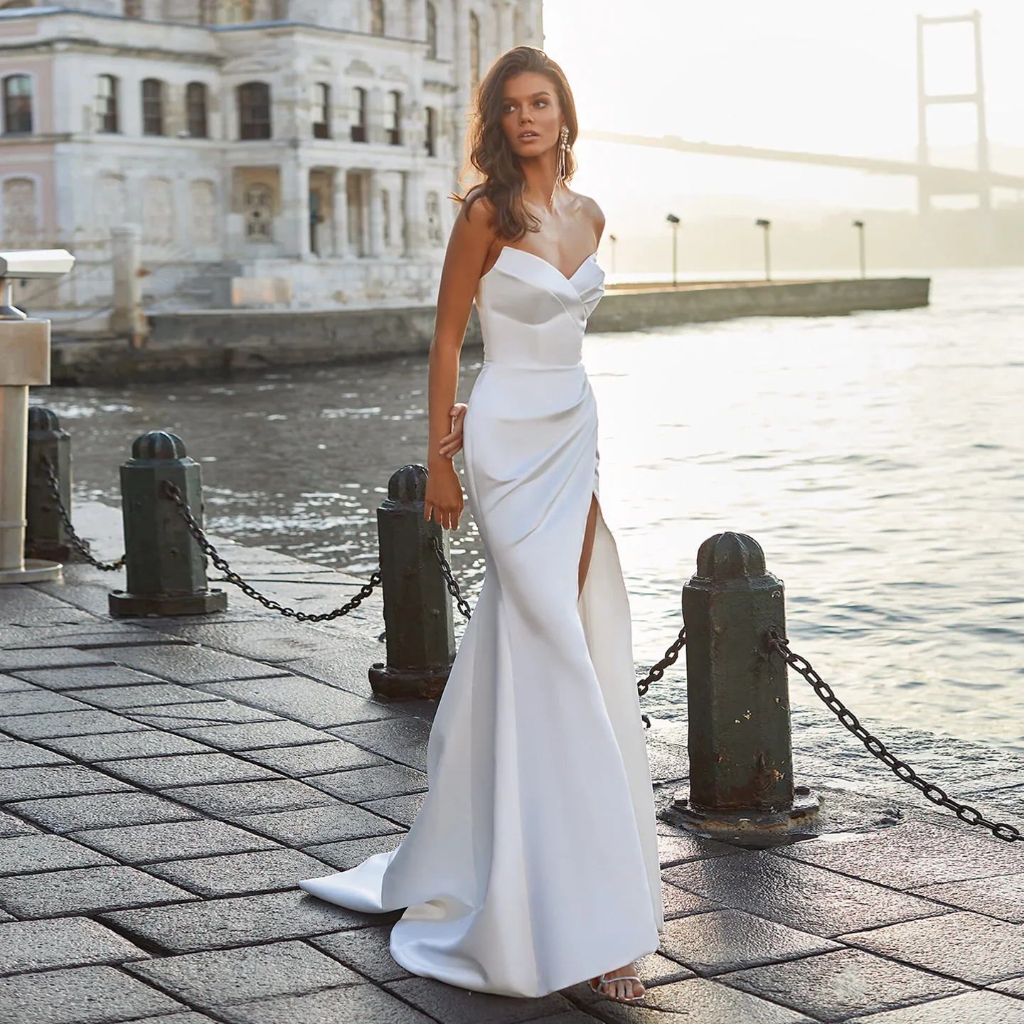 

Sharon Said 2025 Simple Sweetheart White Satin Wedding Dress With Detachable Cape Sleeves Side Slit Bridal Gown SW447 Customized