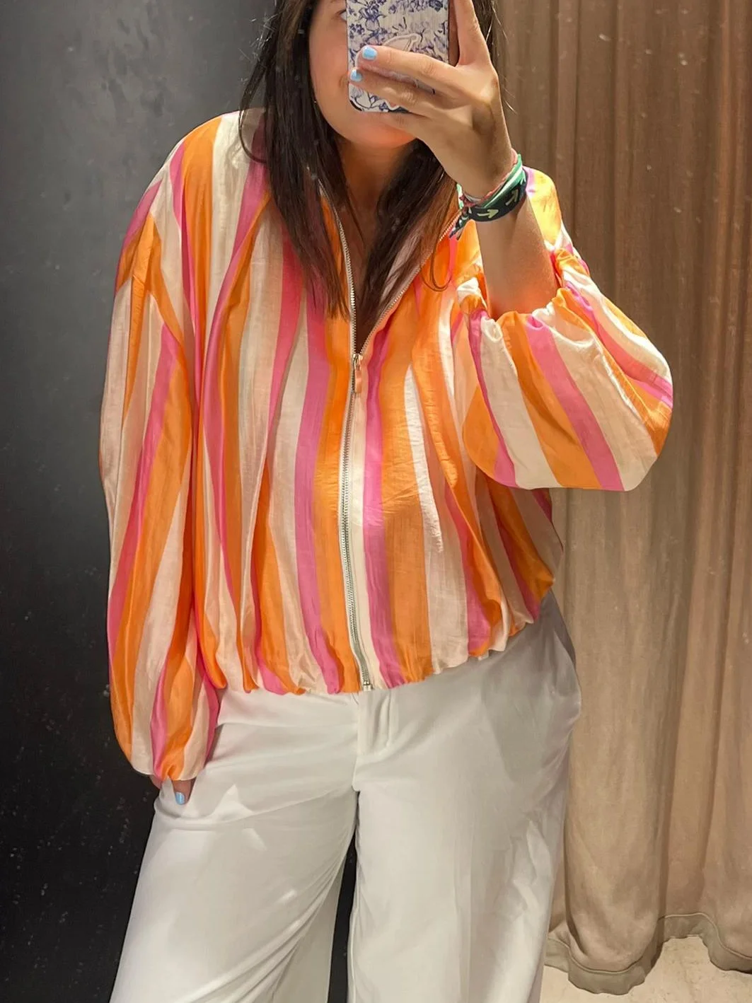 Colorful Vertical Striped Jacket Women Summer Thin Sun Protection Coat Sexy Zip Up Stand Collar Lantern Sleeve Outwear