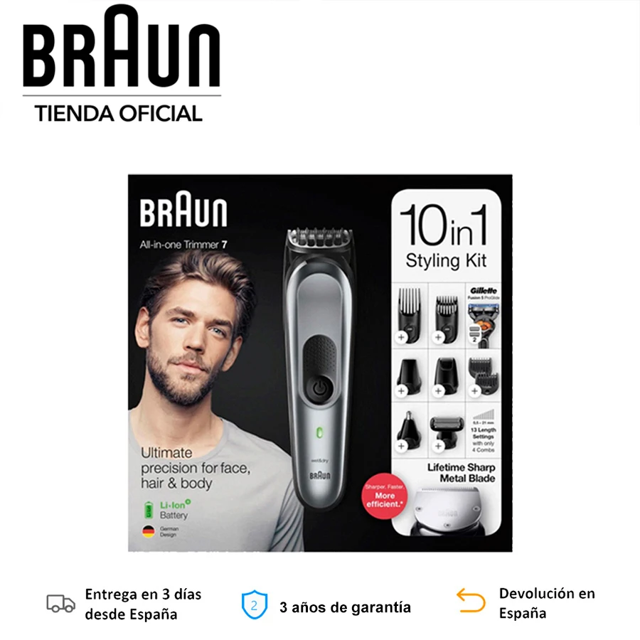 Braun all in one MGK 7221 tagliacapelli e tagliacapelli-Set 10 in 1, Gilletfe Fusión5 ProGlide, 4 pettini