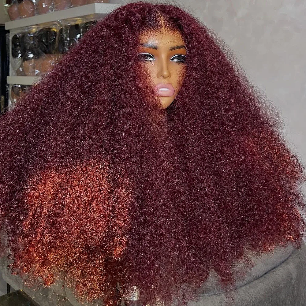 

350/450 Density 36 Inch 13x4 HD Lace 99J Burgundy Afro Kinky Curly Lace Front Wigs Human Hair Red Wine 16-36 Inch Glueless Wigs